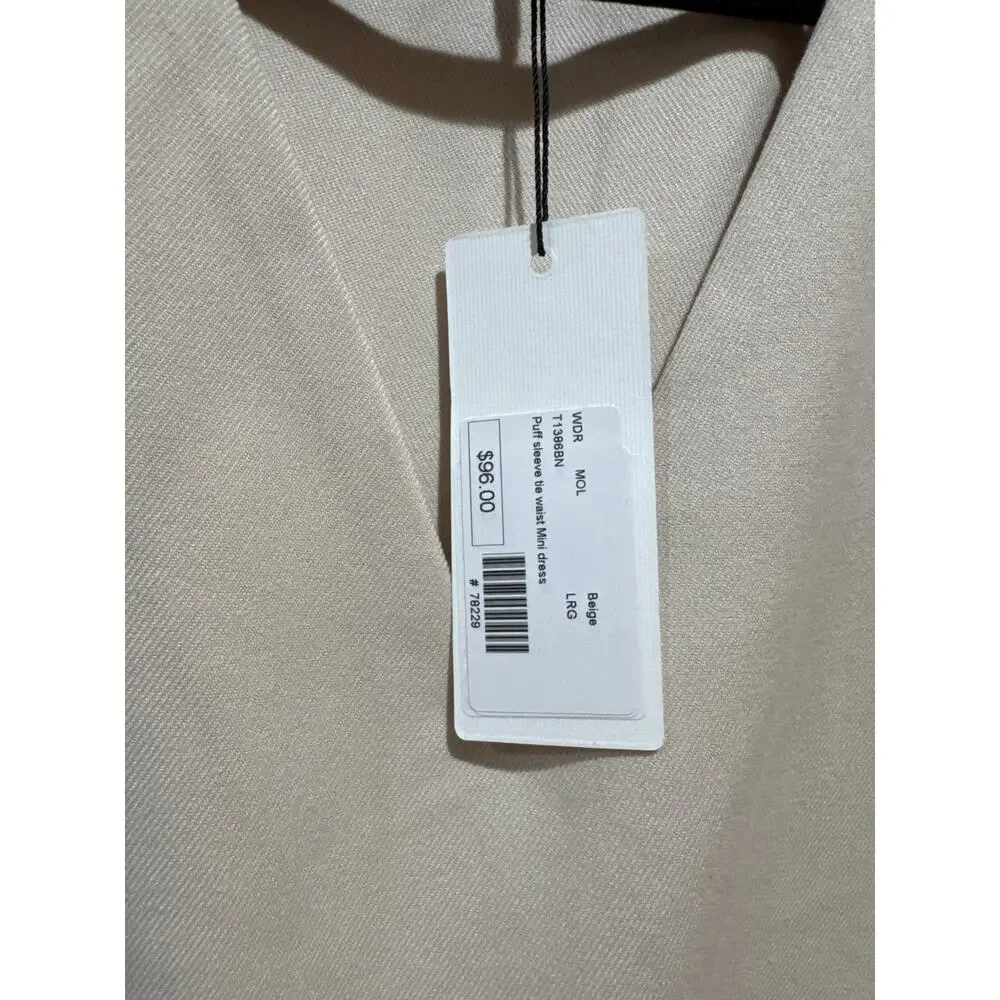 Molly Brecken Large Beige Puff Sleeve Belted Dress beige NEW - Picture 5 of 7